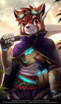 anthro armor bottomwear brown_eyes clothed clothing fingers front_view fur glistening glistening_eyes grin hair holding_object holding_weapon looking_at_viewer male outside pants purple_bottomwear purple_clothing purple_pants purple_topwear red_body red_fur red_hair smile solo topwear weapon white_body white_clothing white_fur white_topwear penguinexperience sy_freedom ailurid mammal red_panda 2018 digital_media_(artwork) signature