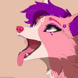 ambiguous_gender anthro eyelashes hair inner_ear_fluff looking_up markings open_mouth pink_head pink_tongue purple_eyes purple_hair purple_inner_ear_fluff purple_markings side_view simple_background solo teeth tongue tongue_out tuft white_snout red_the_kitsune sophie_(why_n0t) canid canine fox mammal 1:1 2025 digital_media_(artwork) headshot_portrait line_art portrait shaded watermark