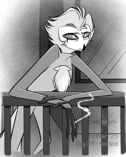 anthro balcony beak chest_tuft cigarette cigarette_smoke clothing crossed_arms feathers holding_cigarette holding_object leaning leaning_forward male mouth_closed multi_eye pajamas smoke solo tuft window atimon hellaverse helluva_boss stolas_(helluva_boss) avian demon 2025 4:5 digital_media_(artwork) hi_res monochrome signature