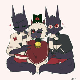 ambiguous_gender anthro bell blush blush_lines clothed clothing fluffy group happy heart_symbol horn male polyamory size_difference smile trio panny_lii cult_of_the_lamb massive_monster_(studio) aym_(cult_of_the_lamb) baal_(cult_of_the_lamb) lamb_(cult_of_the_lamb) red_crown_(cult_of_the_lamb) bovid caprine domestic_cat felid feline felis mammal sheep 1:1 hi_res brother_(lore) brothers_(lore) sibling_(lore)