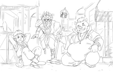 anthro belly clothing group humanoid_hands male mohawk moobs muscular overweight overweight_male robe sitting tusks koideandichi lifewonders tokyo_afterschool_summoners ganglie_(tas) hanuman_(tas) seth_(tas) canid canine canis haplorhine jackal mammal monkey primate suid suine sus_(pig) wild_boar 2018 hi_res monochrome