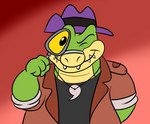 anthro biped clothing green_body hat headgear headwear humanoid_hands magnifying_glass male shirt solo topwear jolly_the_lizard brok_the_investigator cowcat_games brok_(brok_the_investigator) alligator alligatorid crocodilian reptile scalie 2022