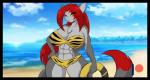 abs anthro beach big_breasts big_muscles bikini blue_eyes breasts chest_tuft clothing detailed_background eye_through_hair eyebrow_through_hair eyebrows female fur grey_body grey_fur hair hand_on_hip heterochromia holding_object huge_breasts long_hair long_tail looking_at_viewer muscular muscular_anthro muscular_female orange_eyes pattern_clothing red_hair seaside solo standing striped_clothing stripes swimwear tail tattoo translucent translucent_hair tuft two-piece_swimsuit mastergodai eliza_(mastergodai) domestic_cat felid feline felis mammal