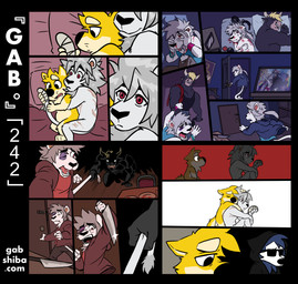 abusive_relationship anthro back_scar ball_gag bandage bandaged_tail beating bed black_clothing black_hoodie black_topwear blood bodily_fluids bruised bruised_eye clothed clothing covering covering_eyes covering_face cuffs_(object) domestic_violence duo escape eyewear facial_piercing flashback fur furniture gag holding_knife holding_object hoodie hug hugging_another hugging_from_behind knife leg_scar lying lying_on_bed male male/male mane nose_piercing nose_ring nude on_bed on_side picture_frame piercing red_eyes ring_piercing running running_away scar scared self-harm shadow shadowy_figure spooning sunglasses tail tail_grab thigh_scar thinking_about_another topwear trauma violence wearing_sunglasses white_body white_fur white_mane wrist_grab yellow_body yellow_fur gabshiba gab_(comic) bau_husky elion_(gabshiba) gab_shiba bovid bovine canid canine canis cattle domestic_dog felid husky lion mammal nordic_sled_dog pantherine shiba_inu spitz 2026 colored comic digital_drawing_(artwork) digital_media_(artwork)