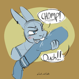 anthro bite biting_another blush clothed clothing dialogue duo female male piercing simple_background speech_bubble text wristband lost_andsafe sunflower_(halcyon) walker_(halcyon) equid equine lagomorph leporid mammal rabbit 1:1 2025 absurd_res digital_media_(artwork) english_text hi_res