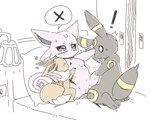 ambiguous_fluids bed bedroom black_body breast_play breast_suck breasts brown_body exclamation_point feet female feral furniture genitals group hug male nipples pawpads paws pink_body pussy simple_background soles sucking toes yelushiku nintendo pokemon eevee eeveelution espeon generation_1_pokemon generation_2_pokemon pokemon_(species) umbreon draft_(disambiguation) hi_res