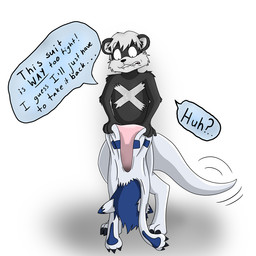 anthro biped bite biting_lip biting_own_lip black_body black_ears black_fur black_nose blue_eyes blue_hair blue_markings claws clothing costume countershade_face countershade_fur countershading dialogue digitigrade eyebrows fangs fingers frustrated fur glistening glistening_body hair holding_object looking_down looking_down_at_object male markings motion_lines nude paws raised_eyebrows self_bite simple_background solo species_transformation speech_bubble split_form standing suit_transformation tail tail_wiggle teeth text transformation white_background white_body white_countershading white_ears white_fur white_hair white_inner_ear white_markings x_marking fox0808 jyoumon_(scotskunk) scot_(scotskunk) mammal mephitid scalie skunk 1:1 2011 colored english_text