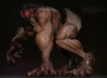 all_fours anthro big_feet big_hands bodily_fluids claws drooling feet female muscular saliva size_difference solo vein veiny_muscles iglooder mythology canid canine mammal mythological_canine mythological_creature werecanid werecanine werecreature werewolf 3d_(artwork) absurd_res digital_media_(artwork) hi_res