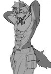 abs anthro athletic athletic_anthro athletic_male bottomwear clothed clothing eyes_closed fur hair horn male pants pecs raised_arms solo topless topless_anthro topless_male tying_hair fumochi_n arknights hypergryph studio_montagne hung_(arknights) canid canine canis domestic_dog mammal 2022 hi_res monochrome