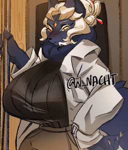 anthro big_breasts breasts clothed clothing coat female hair lab_coat looking_at_viewer potion simple_background solo tail topwear winter_nacht polaris_(winter_nacht) 2d_animation animated
