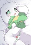 anthro bed blush bodily_fluids clothed clothing clothing_lift erection floppy_ears fur furniture genital_fluids genitals green_eyes head_tuft kemono looking_at_viewer male on_bed penis precum shirt shirt_lift shota smile solo sweater topwear tuft underwear undressing white_body white_fur young young_anthro syuya undertale undertale_(series) asriel_dreemurr bovid caprine goat mammal hi_res