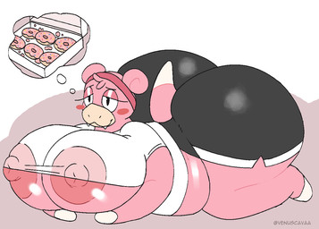 anthro anthrofied areola areola_slip belly big_belly big_breasts big_butt blush bottomwear breasts butt clothed clothing dessert doughnut female food hotpants huge_breasts huge_butt huge_hips huge_thighs nipple_outline nipple_slip nipples overweight overweight_anthro overweight_female pastry pink_body pink_frosted_sprinkled_doughnut pokemorph shirt shorts simple_background smile solo sprinkles tail thick_thighs tight_bottomwear tight_clothing tight_shorts topwear translucent translucent_clothing wide_hips venuscava nintendo pokemon generation_1_pokemon pokemon_(species) slowpoke digital_media_(artwork)