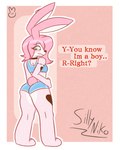 anthro athletic_wear big_butt blush bottomwear butt clothing dialogue duo ear_piercing femboy fur gym_bottomwear gym_shorts hair long_ears looking_back male nervous piercing pink_body pink_fur pink_hair rear_view short_hair shorts simple_background solo tattoo text thick_thighs wide_hips sillyniko mochi_(sillyniko) domestic_rabbit lagomorph leporid lop_rabbit mammal oryctolagus rabbit 4:5 hi_res