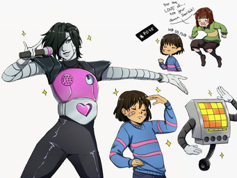 ambiguous_gender anthro blue_clothing blue_sweater blue_topwear clothing female glistening green_clothing green_sweater green_topwear group machine male pattern_clothing pattern_sweater pattern_topwear striped_clothing striped_sweater striped_topwear stripes sweater text topwear bente36 undertale undertale_(series) chara_(undertale) frisk_(undertale) mettaton mettaton_ex human mammal robot 2016 4:3 english_text