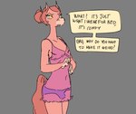 annoyed anthro bulge clothed clothing crossdressing dialogue femboy grey_background hair hair_bun lingerie male negligee panties pink_body pink_hair simple_background solo speech_bubble standing text underwear yellow_eyes tabuley coral_(tabuley) equid equine horse mammal english_text