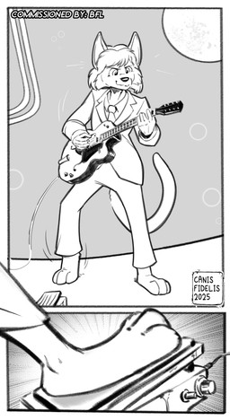 accessory anthro barefoot biped bottomwear cheek_tuft clothed clothing eyebrows facial_tuft feet front_view guitar holding_guitar holding_musical_instrument holding_object jacket looking_at_object male medium_hair musical_instrument necktie pants plantigrade playing_guitar playing_music plucked_string_instrument solo string_instrument suit topwear tuft two_panel_image canisfidelis the_wild_guesses t.c._clevinger domestic_cat felid feline felis mammal 2025 absurd_res hi_res monochrome