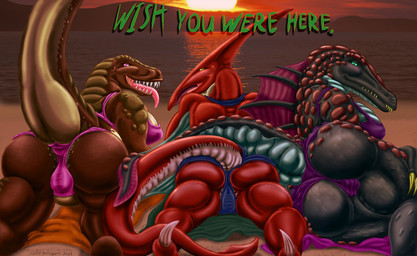 anthro beach beach_towel clothing female group looking_at_viewer looking_back raised_tail sea seaside sunset swimwear tail text towel water lokidragon87 ptrisha_(lokidragon87) sarah_phin dinosaur prehistoric_species pterosaur reptile saurischian scalie spinosaurid spinosaurus theropod english_text hi_res