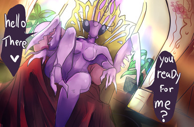 antennae_(anatomy) anthro breasts chair compound_eyes dialogue female furniture genitals greeting happy heart_symbol looking_at_viewer mandibles mantis_arms mistress multi_limb nude offering_feet on_chair question raised_leg raptorial_(anatomy) simple_background sitting sitting_on_chair sitting_on_throne solo text throne throne_room vulva worship_request ssleepyflowers arthropod insect mantis english_text