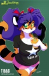 anthro beverage big_breasts black_stripes blush bottomwear breasts clothed clothing facial_markings female food fruit fur green_eyes hair head_markings huge_breasts kiwifruit markings multicolored_body multicolored_fur orange_body orange_fur plant purple_hair ribbons shirt shorts slightly_chubby solo stripes tail topwear two_tone_body two_tone_fur white_body white_fur chalo las_lindas tiggs felid mammal pantherine tiger