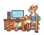 balls clothed clothing computer desk duo electronics exhibitionism fellatio furniture genitals male male/male office oral penile penis pixelated public sex sitting table under_table work handlebarsprites fox_claypaw tom_cervo canid canine deer fox mammal digital_media_(artwork) low_res pixel_(artwork)