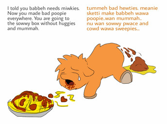 abuse ambiguous_gender baby_talk bodily_fluids bowl color_coded_text container dialogue diarrhea eyes_closed feces feral food food_bowl fur genital_fluids hooves neonate offscreen_character orange_body orange_fur pained_expression pasta pet_bowl solo spaghetti tears urine young young_ambiguous young_feral carpdime fluffy_pony fluffy_pony_(species) mammal digital_media_(artwork)