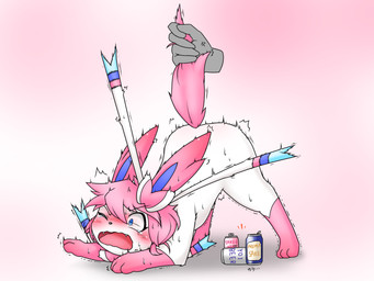 ambiguous_gender beverage_can black_nose blue_body blue_eyes blue_fur blue_inner_ear blush blush_lines butt_slap cute_fangs duo erogenous_tail fangs feral fur hair one_eye_closed open_mouth paws pink_body pink_ears pink_fur pink_hair pink_tail slap solo_focus tail tail_grab teeth text white_body white_fur azurepicker nintendo pokemon eeveelution generation_6_pokemon human mammal pokemon_(species) sylveon 2025 4:3 hi_res