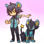 1:1 alternate_species blue_hair clothed clothing cosplay duo felid feral fully_clothed generation_4_pokemon hair hitec human humanized luxio male mammal nintendo nude pokemon pokemon_(species) pokemon_trainer tail yellow_eyes