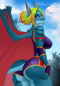 anthro biped breasts butt claws clothed clothed_anthro clothed_female clothing cloud day female fingers hair looking_at_viewer outside rear_view sky solo standing teeth wings kilbi mythology dragon mythological_creature mythological_scalie scalie 2026 digital_drawing_(artwork) digital_media_(artwork) hi_res