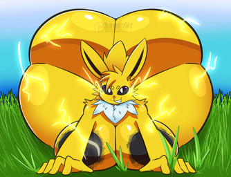 anthro areola big_breasts big_butt breasts bubble_butt butt electricity female grin huge_butt hyper hyper_butt smile solo bunnit_(artist) nintendo pokemon eeveelution generation_1_pokemon jolteon pokemon_(species) 2026 absurd_res hi_res