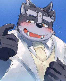 3_eyes accessory anthro blush clothing fur grey_body grey_fur male multi_eye necktie solo suit tusks suna_sand1 lifewonders tokyo_afterschool_summoners tsathoggua_(tas) canid canine mammal adversarial_noise hi_res
