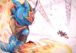 anthro blue_arms blue_body blue_butt blue_tail bruised butt clothed clothing duo fight fire open_mouth red_eyes tail tongue shoru bandai_namco digimon diaboromon digimon_(species) flamedramon 2023