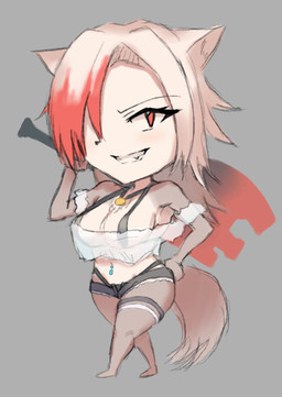 anthro axe big_breasts black_clothing black_thong black_underwear bottomwear bra breasts brown_body brown_fur brown_tail clothing denim denim_clothing female fur grey_background hair jewelry legwear long_hair looking_at_viewer multicolored_body multicolored_fur multicolored_hair multicolored_tail navel navel_piercing necklace piercing red_eyes red_hair shorts simple_background smile solo stockings tail tan_body tan_ears tan_fur tan_hair tan_inner_ear tan_tail teeth thong topwear translucent underwear aspara fan_character weather_(aspara) canid canine mammal 2023 digital_drawing_(artwork) digital_media_(artwork) hi_res