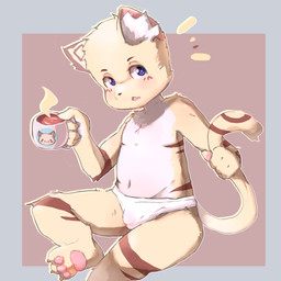 3_toes 4_fingers anthro arm_markings arm_tuft blue_eyes blush briefs brown_body brown_eyebrows brown_fur brown_markings bulge chest_markings chest_tuft claws clothed clothing container cup cute_fangs detailed_bulge ear_tuft elbow_tuft emanata eyebrows facial_tuft fangs feet fingers freckles fur glistening glistening_eyes glistening_pawpads grey_background holding_object holding_tail inner_ear_fluff kemono knee_tuft leg_markings leg_tuft looking_at_viewer male male_anthro markings mostly_nude mug navel open_mouth pawpads pink_pawpads shoulder_tuft simple_background solo steaming_cup striped_body striped_markings striped_tail stripes surprised tail tail_markings teeth toe_claws toes tuft underwear underwear_only white_body white_clothing white_fur white_underwear yellow_body yellow_fur young young_anthro young_male nekowuwu nobu_(nobusuke) felid feline mammal 1:1 2017 hi_res