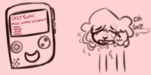 anthro bodily_fluids buckteeth eyelashes femboy fluffy_ears fluffy_shoulders handheld_console male solo speech_bubble suggestive sweat task_list technology teeth text tired bean0tastic slime_rancher beanie_(bean0tastic) bovid caprine mammal sheep english_text hi_res