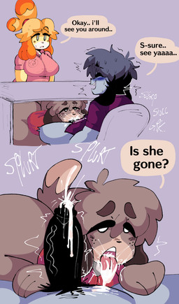 anthro big_breasts big_butt blonde_hair blue_body blush bodily_fluids bottomless breasts brown_body brown_hair butt clothed clothing cum cum_in_mouth cum_inside cum_on_tongue cumshot dipstick_tail ejaculation erection eyes_closed fellatio female fraternal_twins genital_fluids genitals grey_hair group hair huge_butt male male/male markings onomatopoeia open_mouth oral penile penis question_mark sex shirt sound_effects speech_bubble stealth_sex sweat tail tail_markings text tongue tongue_out topwear trio under_table yellow_body lewd_dorky animal_crossing nintendo digby_(animal_crossing) dorky_(lewd_dorky) isabelle_(animal_crossing) canid canine canis domestic_dog mammal shih_tzu toy_dog absurd_res english_text hi_res brother_(lore) brother_and_sister_(lore) sibling_(lore) sister_(lore) twins_(lore)