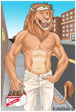 anthro beverage beverage_can biped blue_sky border bottomwear building city claws clothed clothing detailed_background eyes_closed fence flag_patch front_view fur hand_in_pocket happy hat headgear headwear holding_beer holding_beverage holding_object jamaican_flag logo male mane muscular muscular_anthro muscular_male navel open_mouth open_smile outside pants pecs pink_nose pink_tongue pockets road serratus sharp_teeth sidewalk sign sky smile solo tail tail_tuft tan_body tan_fur teeth text tongue topless topless_anthro topless_male tuft visor_cap walking whisker_spots whiskers white_border white_bottomwear white_claws white_clothing white_pants wood wood_fence dr_stockholm felid lion mammal pantherine 2006 artist_name