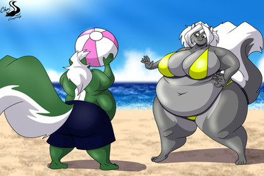 anthro ball beach beach_ball big_breasts bikini breasts clothing digit_ring duo female finger_ring huge_breasts inflatable jewelry male obese obese_anthro obese_female overweight overweight_anthro overweight_female sand sea swimming_trunks swimwear two-piece_swimsuit water chrisandcompany chris_t._snuggleskunk kelsey_sienna mammal mephitid skunk hi_res