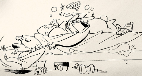 anthro bed bow_tie clothing drunk duo furniture hat headgear headwear male pillow slightly_chubby substance_intoxication unknown_artist hanna-barbera jellystone_(hbo_max) yogi_bear boo-boo_bear yogi_bear_(character) bear mammal 2021 sketch