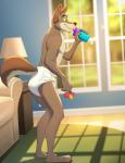 ageplay anthro blue_eyes bottle carpet clean_diaper clothed clothing container diaper furniture infantilism inside lamp male pacifier roleplay smile sofa solo standing topless wearing_diaper window colt3n brooks_(colt3n) canid canine canis mammal wolf hi_res