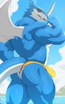 anthro beach blue_body blue_skin bulge butt claws clothing cloud flexing horn male muscular muscular_anthro muscular_male rear_view solo speedo swimwear tail wings drakorg bandai_namco digimon digimon_(species) exveemon absurd_res cel_shading hi_res shaded