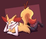 anthro bedroom_eyes breasts dipstick_tail featureless_breasts female inner_ear_fluff looking_at_viewer lying markings medium_breasts narrowed_eyes on_front red_eyes seductive simple_background solo stick stick_in_tail tail tail_markings tuft mandyfoxy nintendo pokemon braixen generation_6_pokemon pokemon_(species) 2022 absurd_res hi_res signature