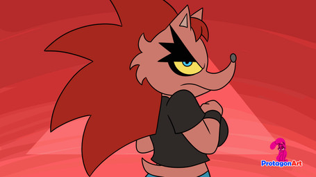 alternative_fashion anthro areola big_breasts black_clothing black_eyelids black_shirt black_topwear blue_bottomwear blue_clothing blue_eyes blue_jeans blue_pants bottomwear breasts clothing denim denim_bottomwear denim_clothing eyelashes female hair jeans logo long_eyelashes nipples pants presenting presenting_breasts punk quills_(anatomy) red_areola red_background red_hair red_nipples red_quills sharp_teeth shirt simple_background solo tearing_shirt teeth tongue tongue_out topwear torn_clothing torn_shirt torn_topwear yellow_sclera protagon sheepish_(series) amelia_hedge bun_(protagon) eulipotyphlan hedgehog lagomorph leporid mammal rabbit 16:9 2026 animated artist_logo widescreen