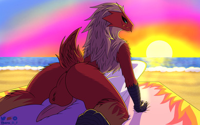 anthro anus balls beach blue_eyes butt fur genitals looking_at_viewer looking_back male penis perineum raised_tail red_body red_fur seaside solo sunset tail tapering_penis yellow_body yellow_eyes yellow_fur tero-blue-dragon nintendo pokemon avian bird blaziken generation_3_pokemon pokemon_(species) 16:10 absurd_res hi_res widescreen