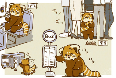 anthro biped bodily_fluids bottomwear brown_body chibi clothing dot_eyes feral group inside kemono outside pants running shirt simple_eyes sitting sweat text topwear shi_nominmin ailurid mammal red_panda 2023 hi_res japanese_text