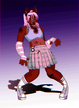 accessory anthro arm_warmers armwear beaded_jewelry beads black_eyes blood blood_on_eye blood_on_face bodily_fluids bottomwear bruised clothing fashion female hair hair_accessory hairclip jewelry kandi_(jewelry) pattern_bottomwear pattern_clothing pattern_skirt piercing pink_hair plaid plaid_bottomwear plaid_clothing plaid_skirt possession shirt skirt solo tank_top topwear strawb5rryotter evil_dead tamagotchi canid canine canis domestic_dog mammal hi_res trans_(lore) trans_woman_(lore)