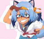 anthro blue_body blue_eyes blue_hair brown_body brown_fur clothed clothing cosplay female female_anthro fluffy fluffy_tail fully_clothed fur hair hand_on_hip holding_object kerchief smile solo tail topwear melona_(artist) brand_new_animal studio_trigger the_melancholy_of_haruhi_suzumiya haruhi_suzumiya michiru_kagemori canid canine mammal raccoon_dog tanuki crossover