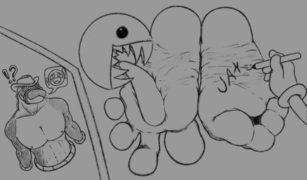 4_toes anthro barefoot bdsm big_feet body_writing bondage bound clothing duo feet female foot_fetish foot_focus foot_lick foot_play gag gagged group hat headgear headwear humanoid_feet licking male male/female male/male muscular muscular_male nipples open_mouth pecs plantigrade question_mark sharp_teeth simple_background soles teeth text tickle_torture tickling toes tongue tongue_out trio wrinkled_feet wrinkles t1nyroach glitch_productions the_amazing_digital_circus bubble_(tadc) gummigoo_(tadc) jax_(tadc) avian bird mammal monochrome