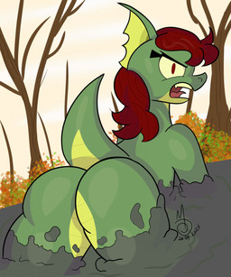 angry anthro butt cloud female hair long_hair looking_at_viewer looking_back looking_back_at_viewer messy mud mud_bath muddy narrowed_eyes notched_ear nude nude_anthro nude_female open_mouth outside plant raised_tail red_eyes red_hair sharp_teeth shrub sky solo tail teeth tree wam sebaku sally_barros lizard reptile scalie 2021 dated hi_res signature