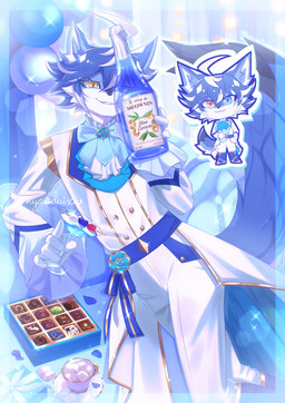 ahoge alcohol anthro beverage biped black_markings blue_body blue_eyes blue_fur blue_hair bottle bottomwear candy cheek_tuft chibi closed_smile clothed clothing container dessert dipstick_tail eyebrows facial_tuft food fur gloves green_eyes hair handwear heart_symbol heterochromia holding_bottle holding_container holding_glass holding_object inside jacket kemono liquor looking_at_viewer male markings mouth_closed pants short_hair smile solo suit tail tail_markings text topwear tuft white_body white_bottomwear white_clothing white_fur white_gloves white_handwear white_jacket white_pants white_topwear sunnynoga white_day arctic_fox canid canine fox mammal true_fox 2026 digital_media_(artwork) english_text hi_res