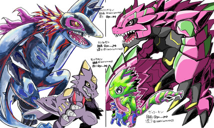 anthro clenched_teeth evolutionary_family facedown green_body group long_tongue male pink_body purple_body sharp_teeth teeth tongue natriumna01 bandai_namco digimon digimon_beatbreak armalizamon digimon_(species) gekkomon monodramon rhamphomon scalie hi_res